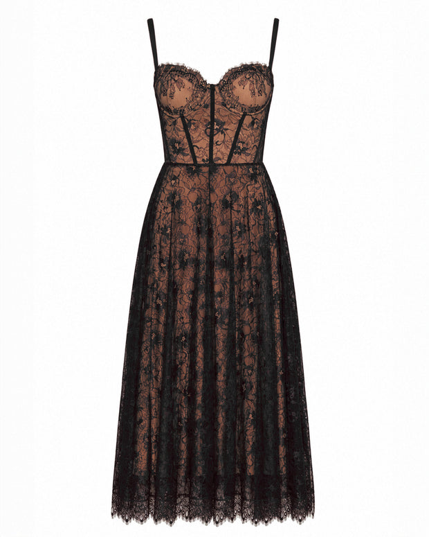 Front outline image of Bombshell Midi Dress - Lace Black/Tawny