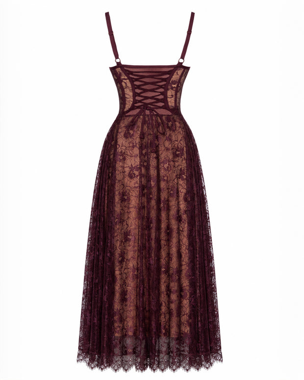 Back outline image of Bombshell Midi Dress - Lace Garnet/Tawny