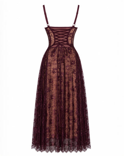 Back outline image of Bombshell Midi Dress - Lace Garnet/Tawny