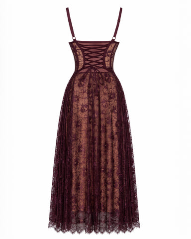 Back outline image of Bombshell Midi Dress - Lace Garnet/Tawny