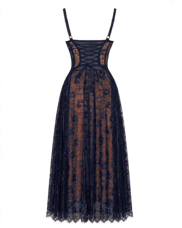 Back outline image of Bombshell Midi Dress - Lace Midnight/Tawny