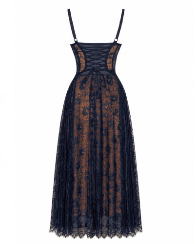 Back outline image of Bombshell Midi Dress - Lace Midnight/Tawny
