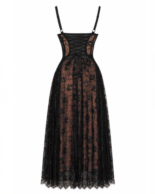 Back outline image of Bombshell Midi Dress - Lace Black/Tawny