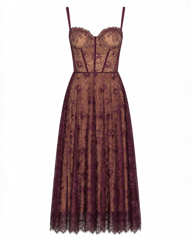 Front outline image of Bombshell Midi Dress - Lace Garnet/Tawny 