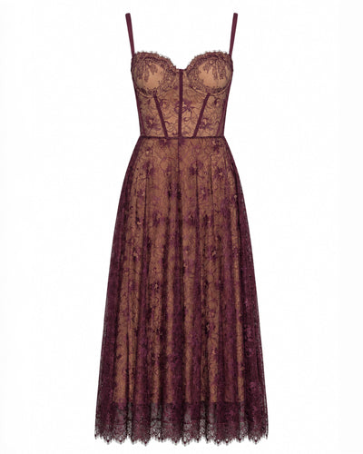Front outline image of Bombshell Midi Dress - Lace Garnet/Tawny 