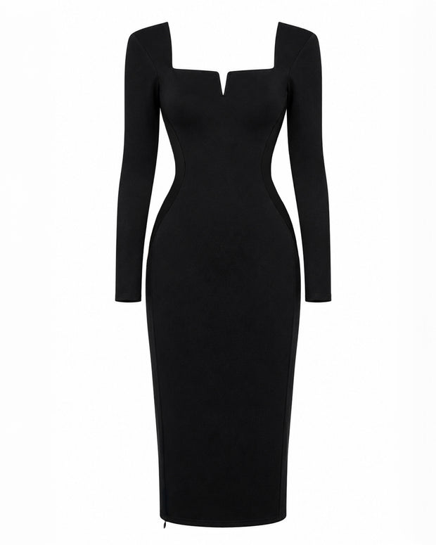 Notchy Long Sleeve Midi Dress - Black