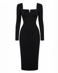 Notchy Long Sleeve Midi Dress - Black