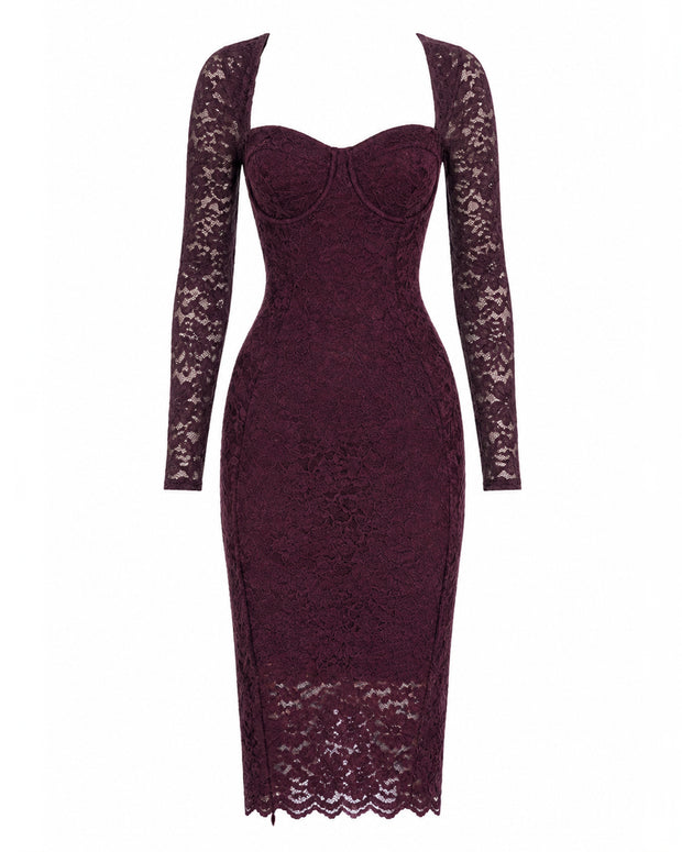 Outline image of Seamed Lushy Long Sleeve Midi Dress - Lace Garnet