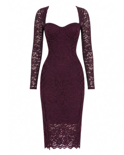 Outline image of Seamed Lushy Long Sleeve Midi Dress - Lace Garnet
