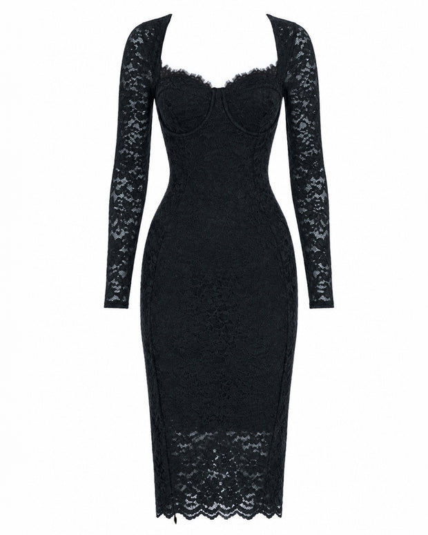 Outline image of Seamed Lushy Long Sleeve Midi Dress - Lace Black