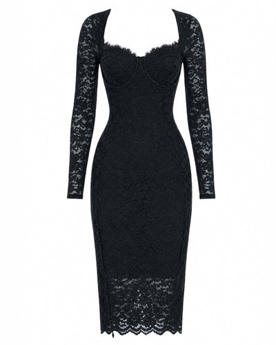 Outline image of Seamed Lushy Long Sleeve Midi Dress - Lace Black