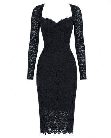Full body back view of Seamed Lushy Long Sleeve Midi Dress - Lace Black