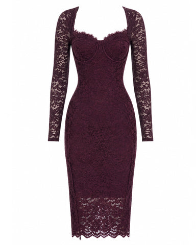 Full body back view of model in Seamed Lushy Long Sleeve Midi Dress - Lace Garnet
