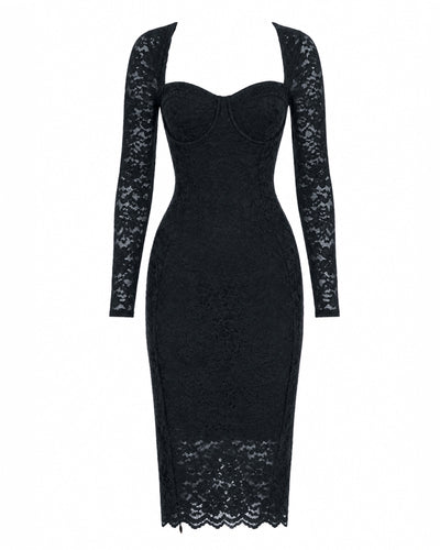 Outline image of Seamed Lushy Long Sleeve Midi Dress - Lace Black