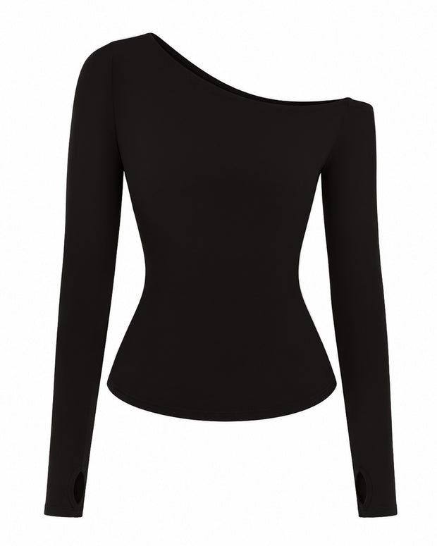 Outline image of Sculpty One Shoulder Long Sleeve Top - Black