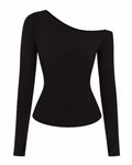 Outline image of Sculpty One Shoulder Long Sleeve Top - Black