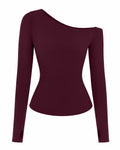 Outline image of Sculpty One Shoulder Long Sleeve Top - Garnet