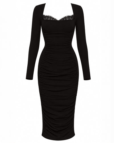 Outline image of Shapey Ruched Long Sleeve Midi Dress - Black