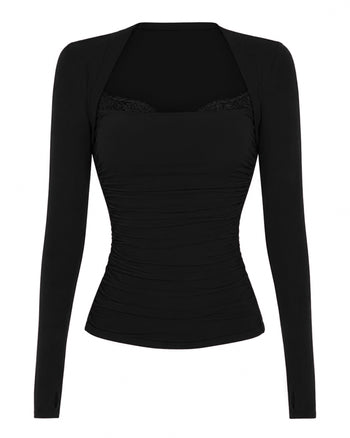 Outline image of Shapey Ruched Long Sleeve Top - Black/Lace