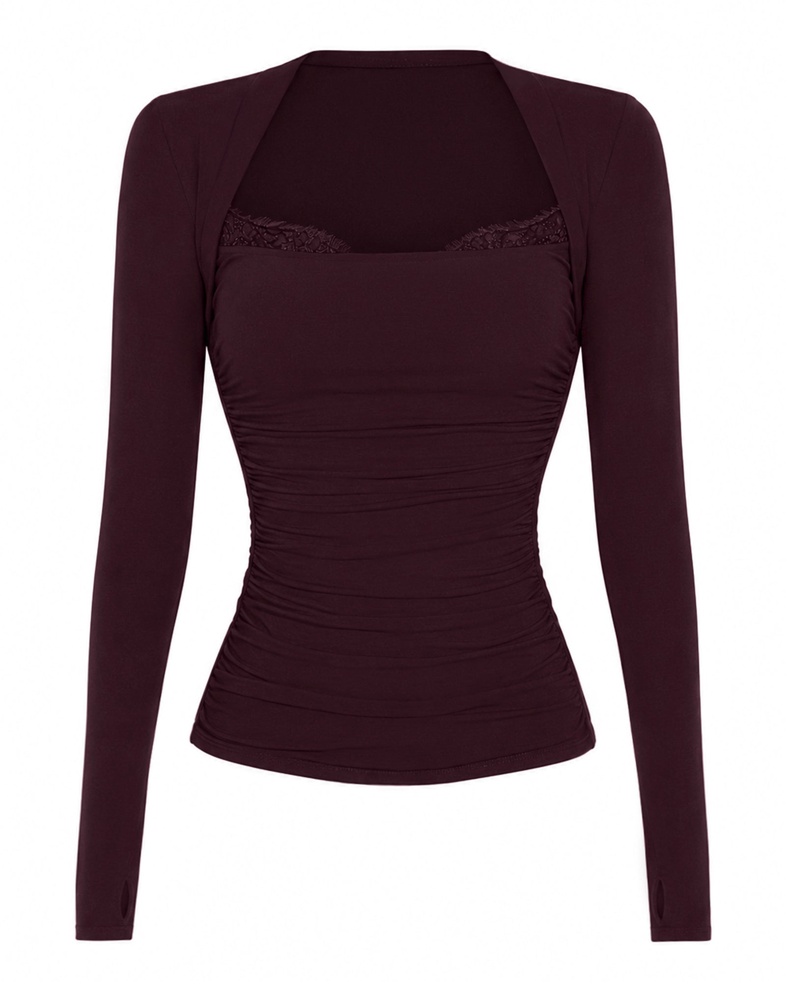 Shapey Ruched Long Sleeve Shapewear Top - Garnet/Lace | TA3