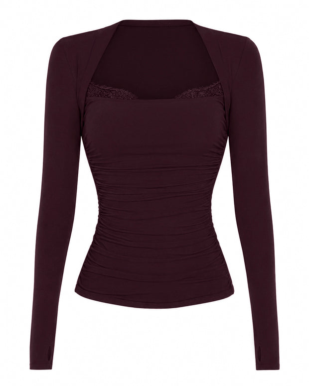 Outline image of Shapey Ruched Long Sleeve Top - Garnet/Lace