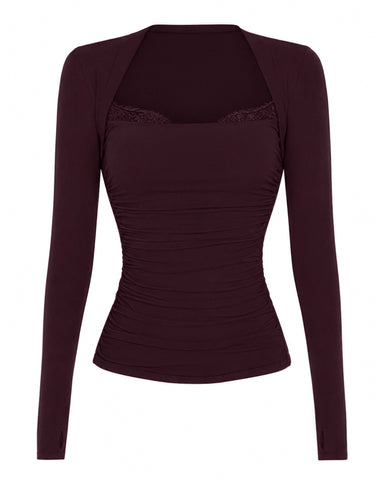 Back view of model in Shapey Ruched Long Sleeve Top - Garnet/Lace
