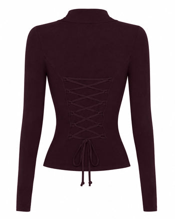 Back outline image of Shapey Ruched Long Sleeve Top - Garnet/Lace
