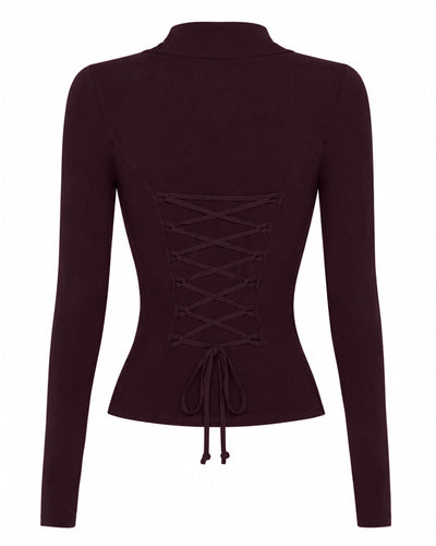 Back outline image of Shapey Ruched Long Sleeve Top - Garnet/Lace