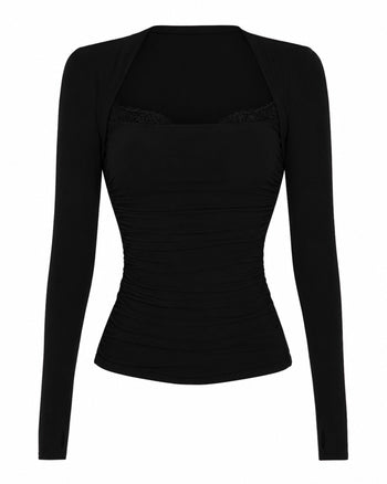 Front outline of Shapey Ruched Long Sleeve Top - Black/Lace