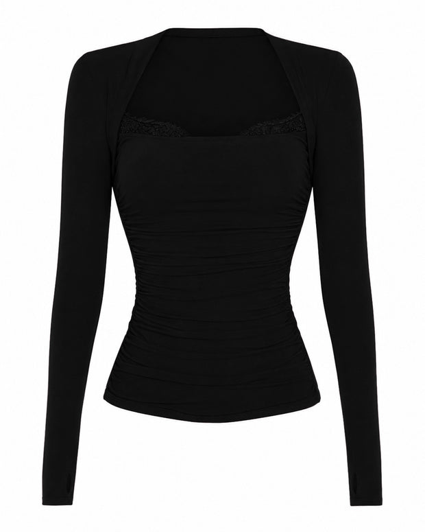 Front outline of Shapey Ruched Long Sleeve Top - Black/Lace
