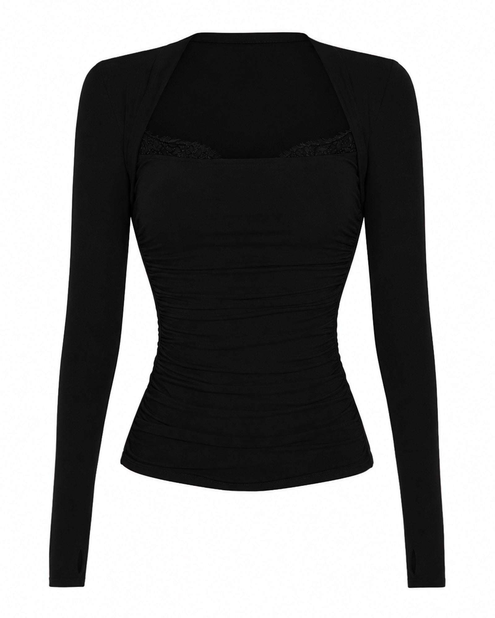 Front outline of Shapey Ruched Long Sleeve Top - Black/Lace