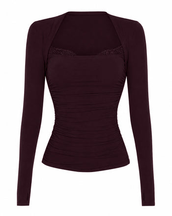 Front outline image of Shapey Ruched Long Sleeve Top - Garnet/Lace