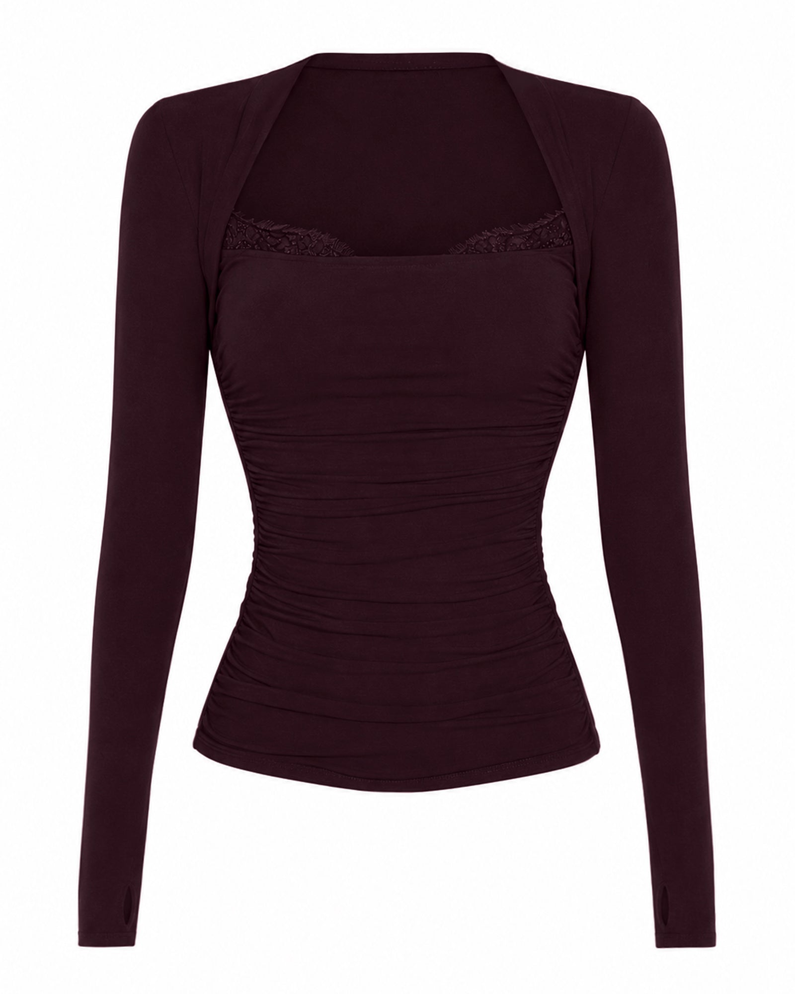 Front outline image of Shapey Ruched Long Sleeve Top - Garnet/Lace