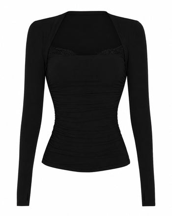Front outline image of Shapey Ruched Long Sleeve Top - Black/Lace