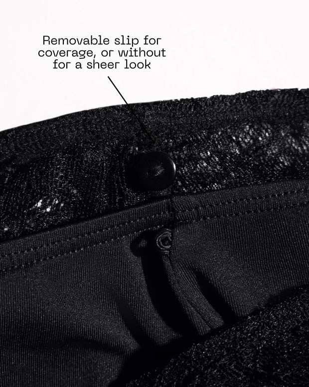 Graphic of Bombshell Maxi Dress - Lace Black highlighting button closure for slip 