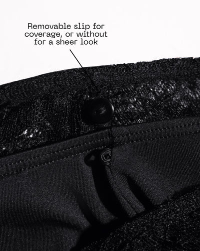 Graphic of Bombshell Maxi Dress - Lace Black highlighting button closure for slip 
