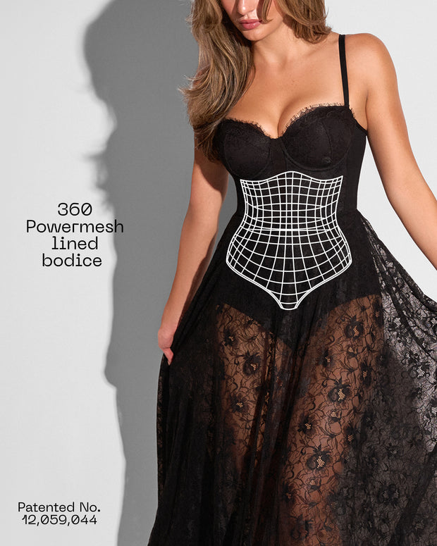 Graphic of Bombshell Maxi Dress - Lace Black highlighting powermesh lined bodice