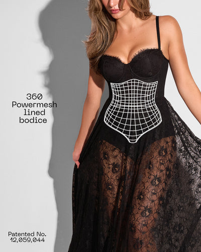 Graphic of Bombshell Maxi Dress - Lace Black highlighting powermesh lined bodice