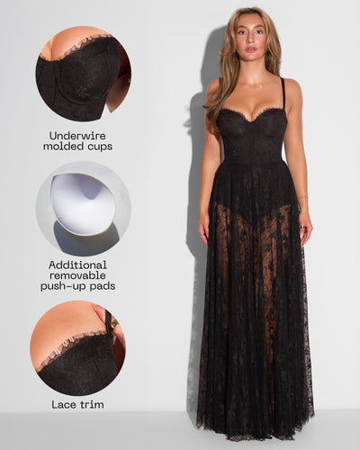 Graphic of Bombshell Maxi Dress - Lace Black highlighting underwire