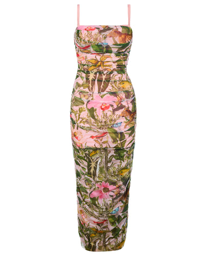 Outline image showing Sweetie Mesh Column Midi Shapewear Dress - Floral Ambrosia