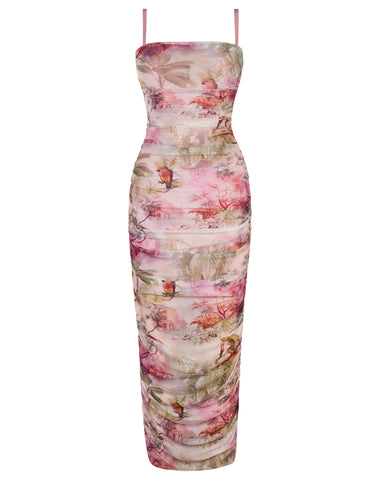 Model wears Sweetie Mesh Column Midi Shapewear Dress - Soft Tropical side view