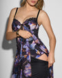 Close up of model in Bombshell Maxi Dress - Iris Marble showing the underskirt and bodysuit