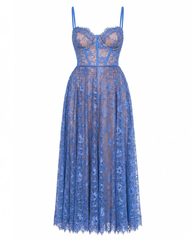 Outline image of Bombshell Midi Dress - Lace Steel Blue/Tawny