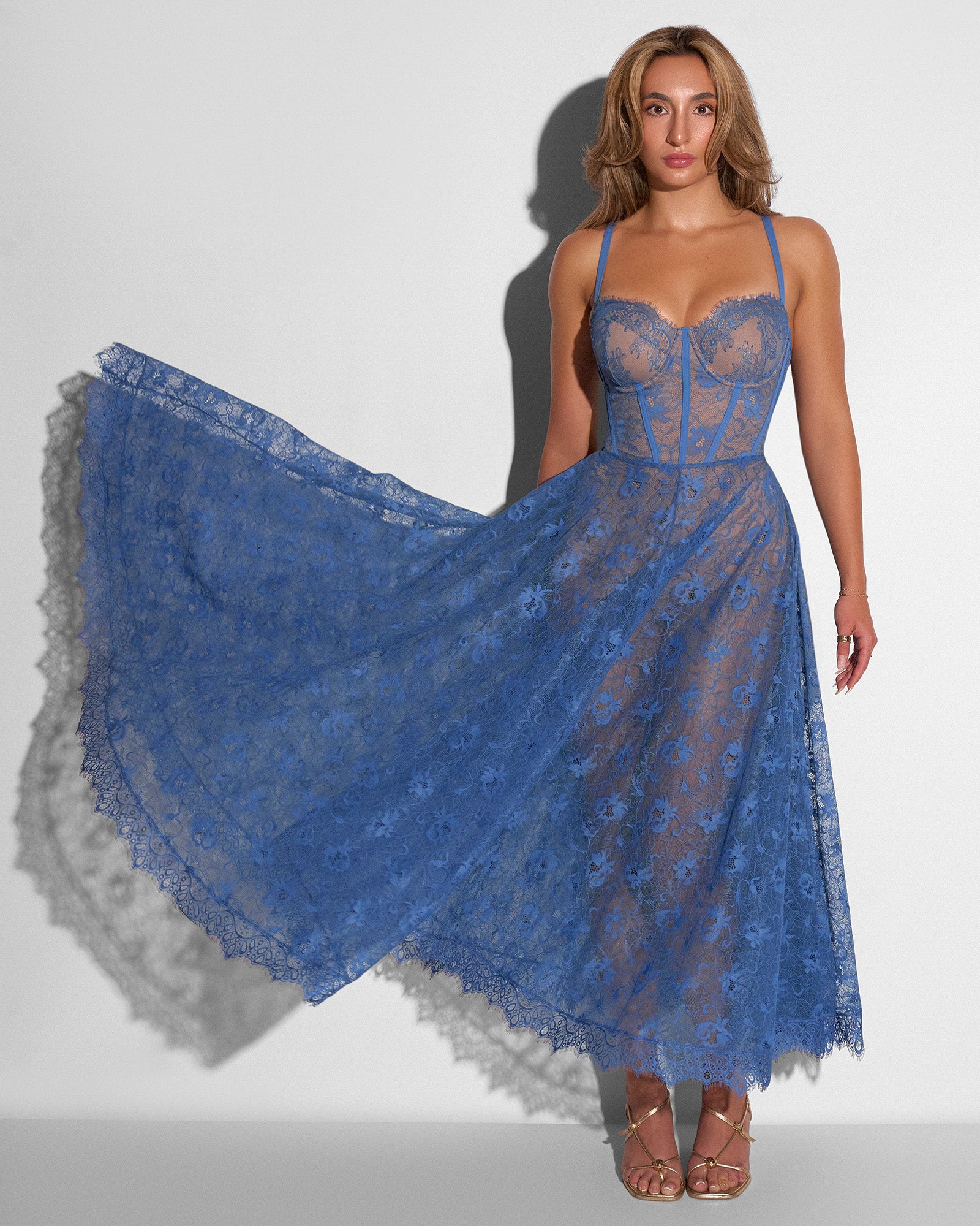 Bombshell Shapewear Midi Dress - Lace Steel Blue/Tawny | TA3