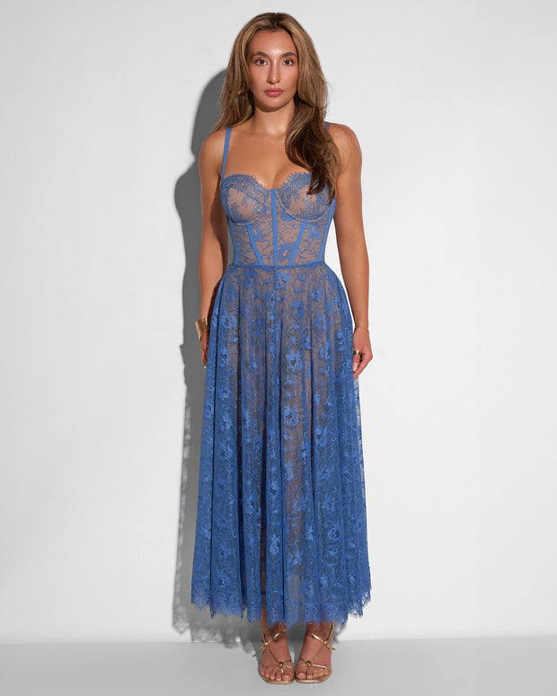 Bombshell Shapewear Midi Dress - Lace Steel Blue/Tawny