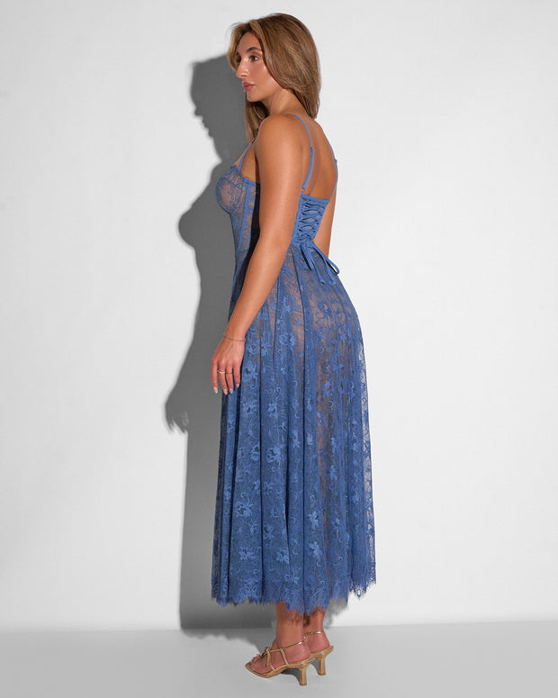Bombshell Shapewear Midi Dress - Lace Steel Blue/Tawny | TA3 Bombshell Shapewear Midi Dress - Lace Steel Blue/Tawny | TA3