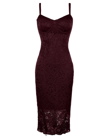 Full body back view Seamed Lushy Midi Dress - Lace Garnet