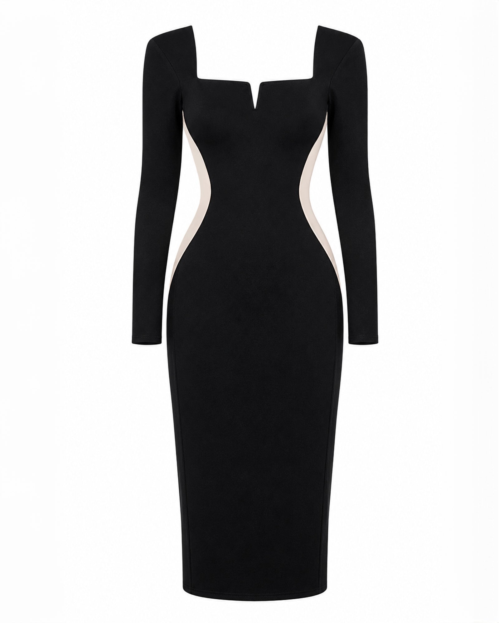 Notchy Long Sleeve Midi Shapewear Dress - Contour Black/Oat | TA3