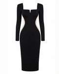 Outline image of Notchy Long Sleeve Midi Dress - Contour Black/Oat