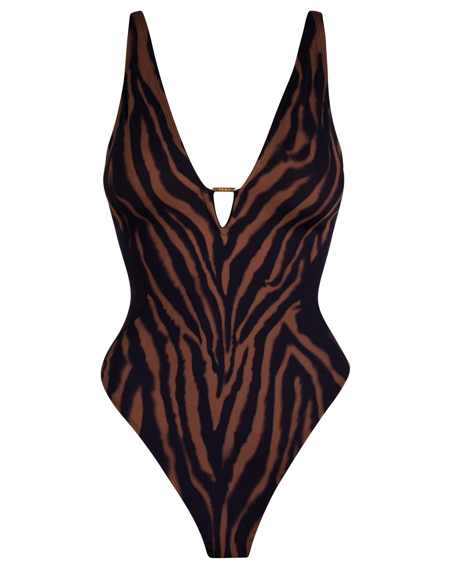 Hi Cut Plungey Triangle Shapewear Swimsuit - Mocha Zebra/Black | TA3
